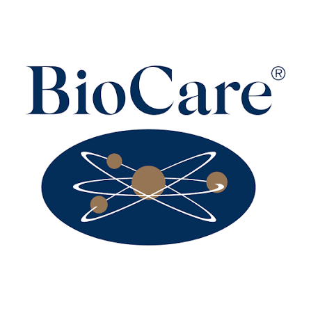 BioCare logo with blue text above an oval containing swirling white lines and brown spheres, resembling atomic or molecular structures, on a white background.