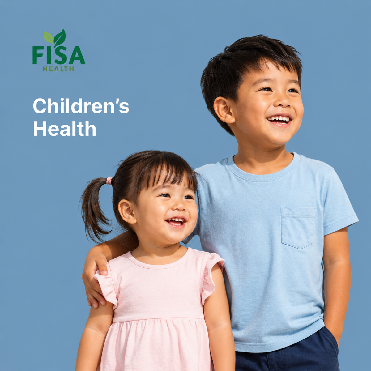 Two smiling young children, a girl in a pink dress and a boy in a light blue shirt, stand together in front of a blue background. Text reads FISA Health and Childrens Health on the left side.