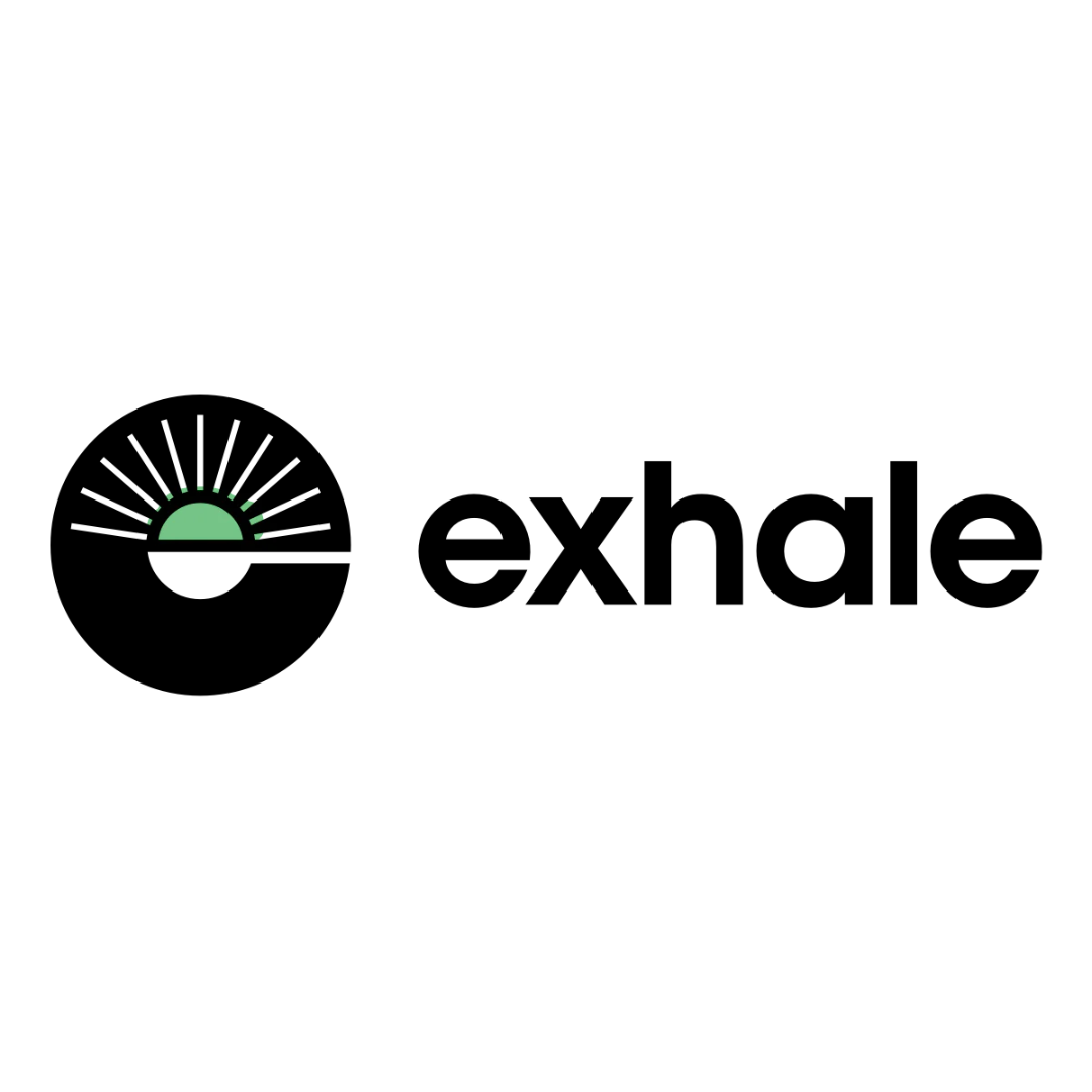 A black circle with a green semicircle and white rays inside, resembling a sunrise, next to the word exhale in bold, black lowercase letters on a white background.