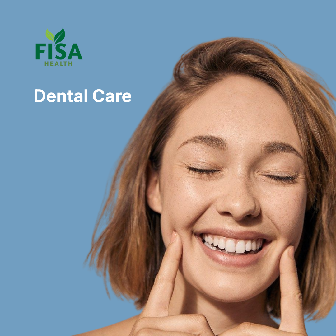 A smiling woman points to her teeth with both index fingers on a blue background. The text reads FISA Health Dental Care.