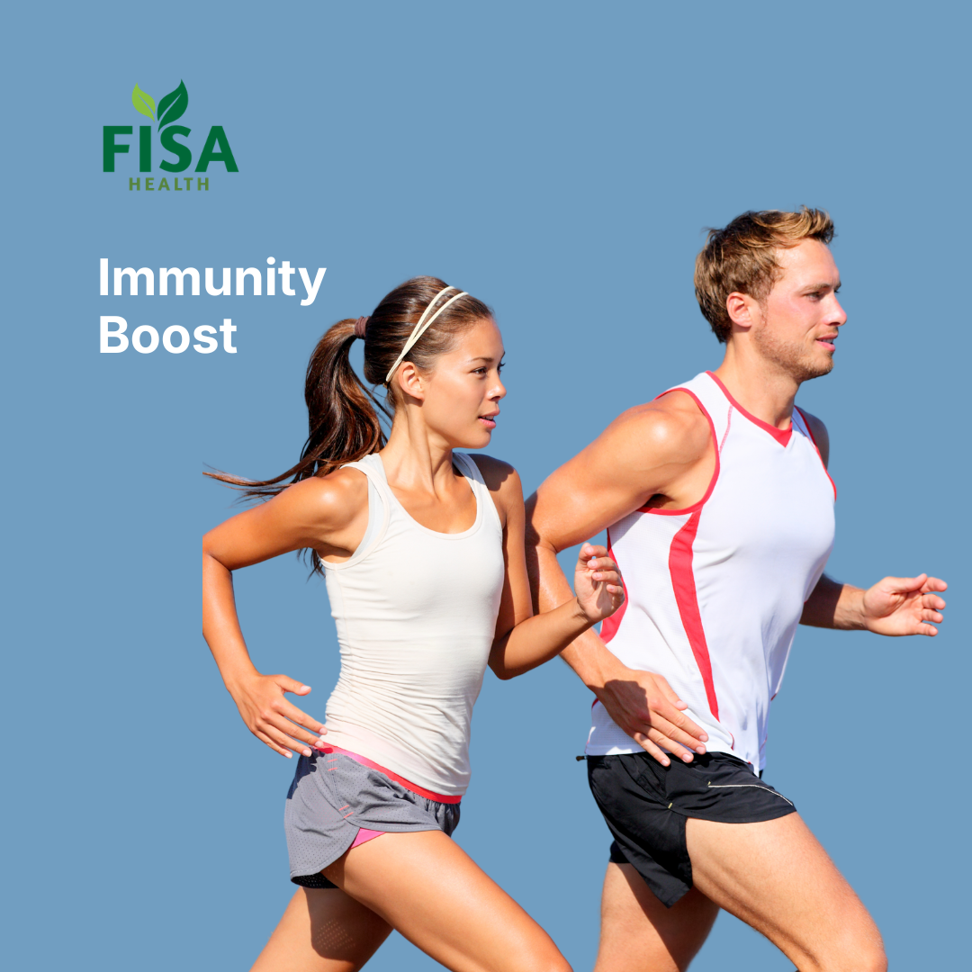 A man and woman in athletic wear are jogging side by side against a blue background. Text reads FISA Health Immunity Boost in the upper left corner.