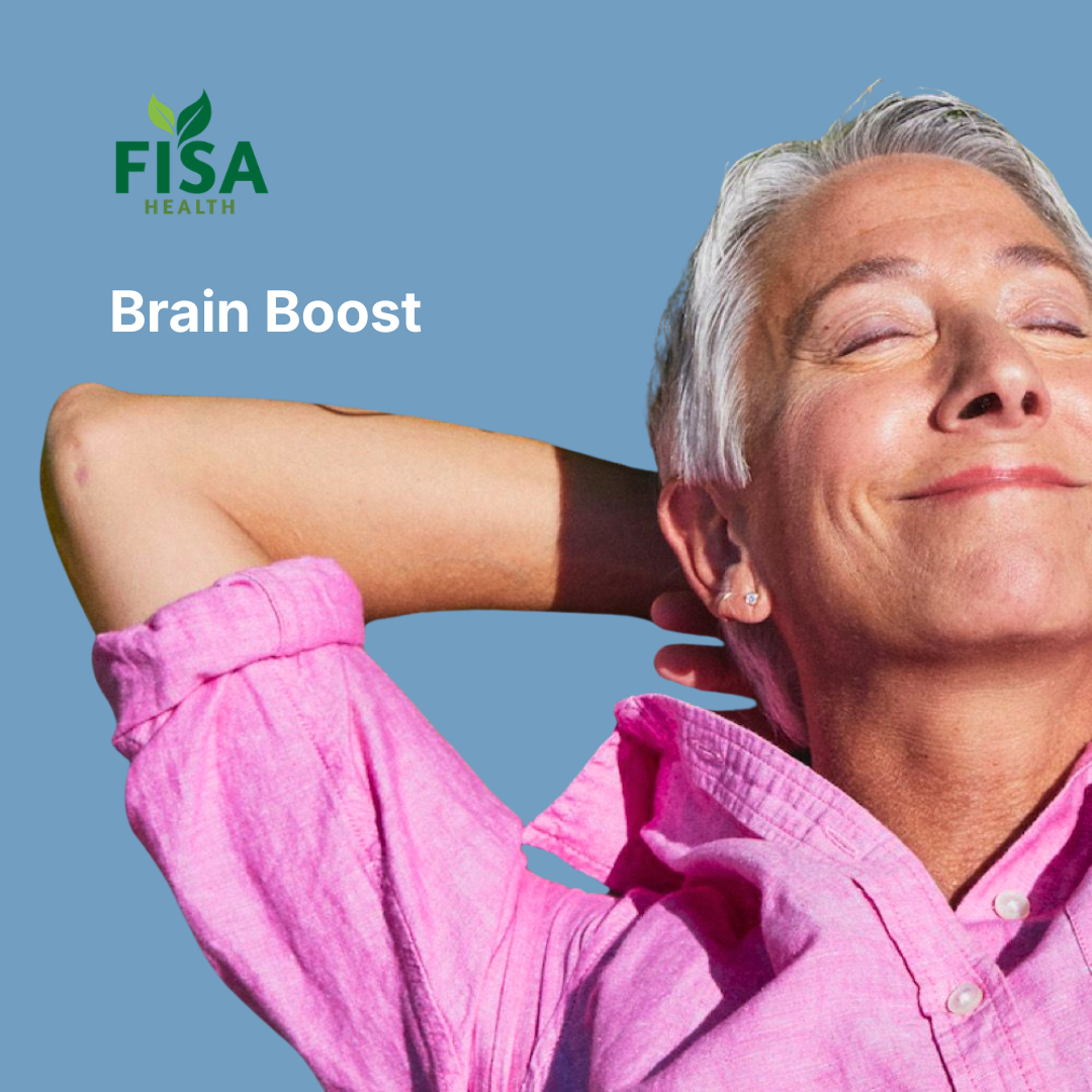 A smiling older adult in a pink shirt relaxes with eyes closed and hands behind their head. FISA Health and Brain Boost are written on a blue background.