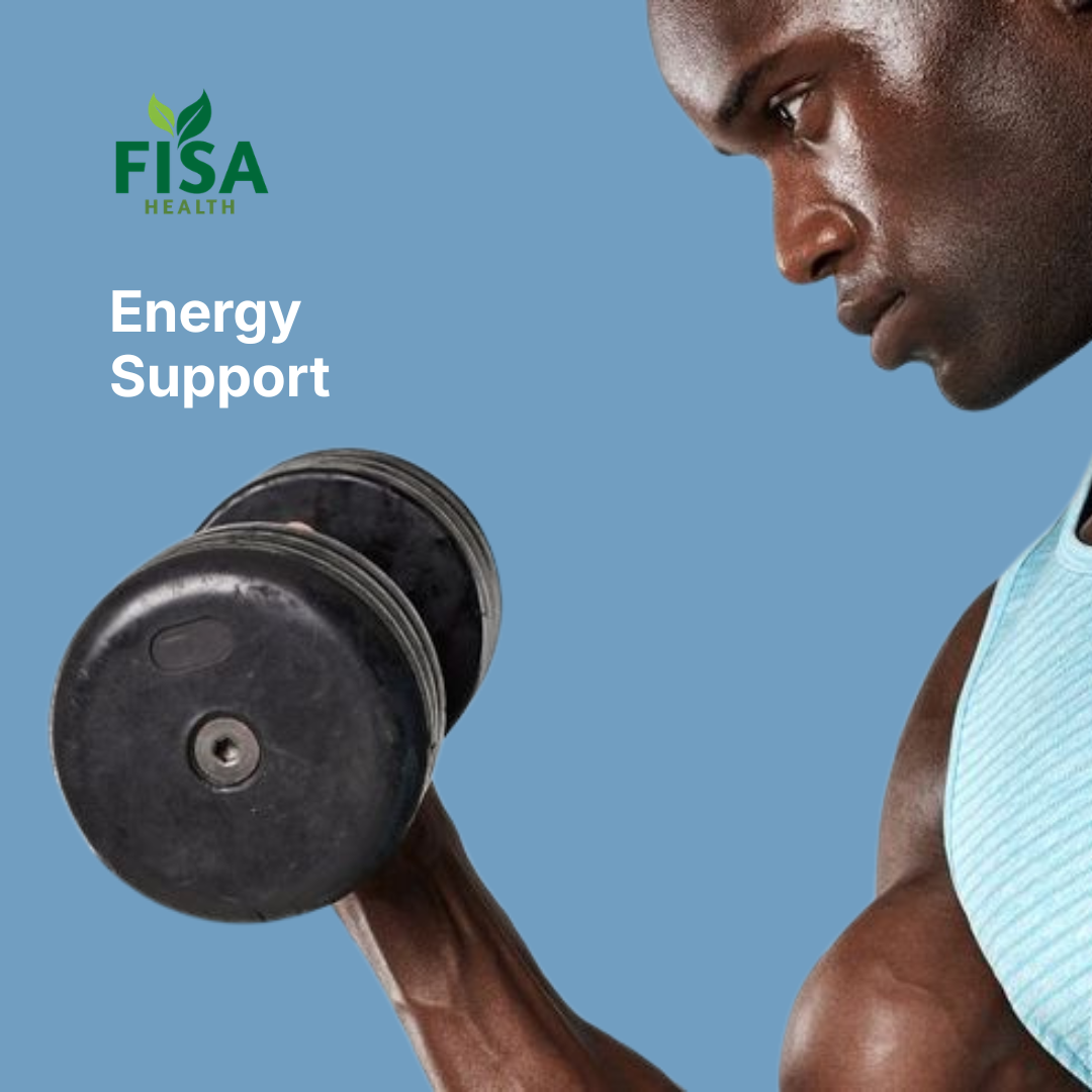 A man in a blue tank top lifts a black dumbbell against a blue background. The text reads FISA Health with a leaf logo and Energy Support.