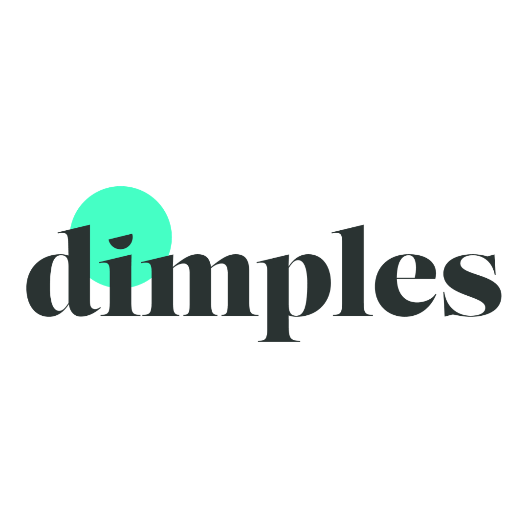 The word dimples in bold, dark lowercase letters with a light green circle behind the letter i on a white background.