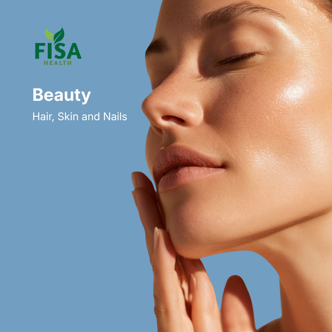 A woman touches her glowing face with her hand against a blue background. Text reads: “FISA Health. Collagen Complex. Skin and Hair Vitality.”.