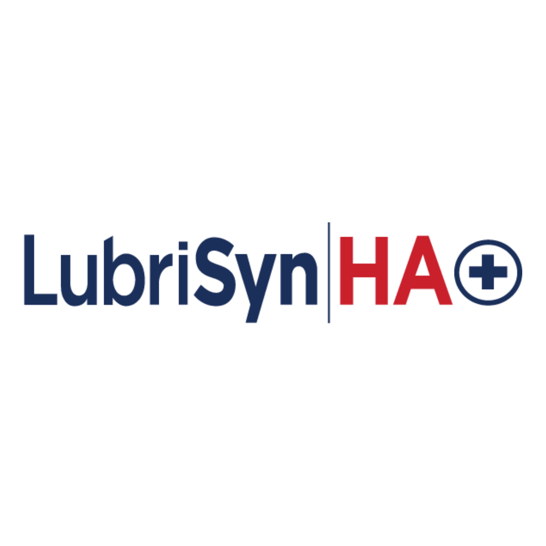 Text logo with “LubriSyn” in blue and “HA+” in red, separated by a vertical blue line; the plus sign is inside a blue circle. The background is white.