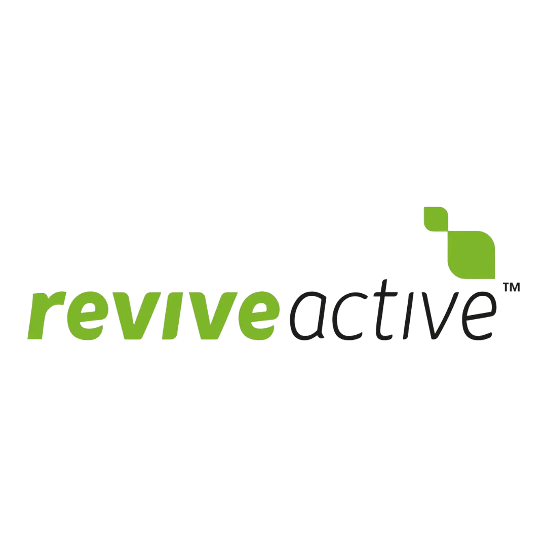 Revive Active logo with revive in green lowercase bold text and active in black italic text, plus a green geometric leaf design above the word active.