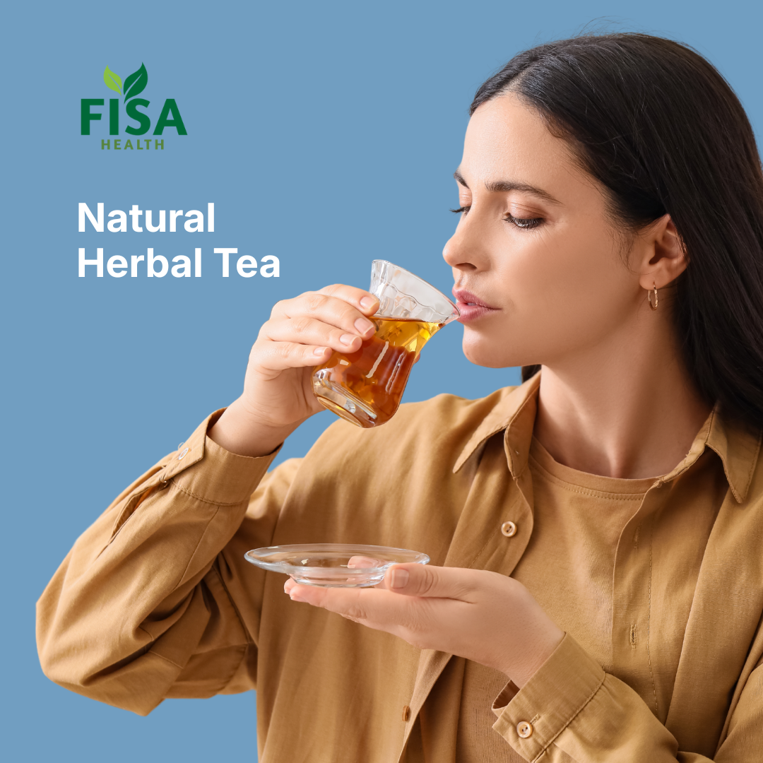 A woman in a brown shirt drinks herbal tea from a clear glass cup, holding a saucer, with FISA Health and Natural Herbal Tea text on a blue background.