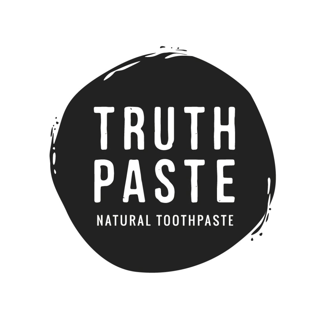 A black circular logo with white text that reads, TRUTH PASTE and below, in smaller letters, NATURAL TOOTHPASTE on a white background.
