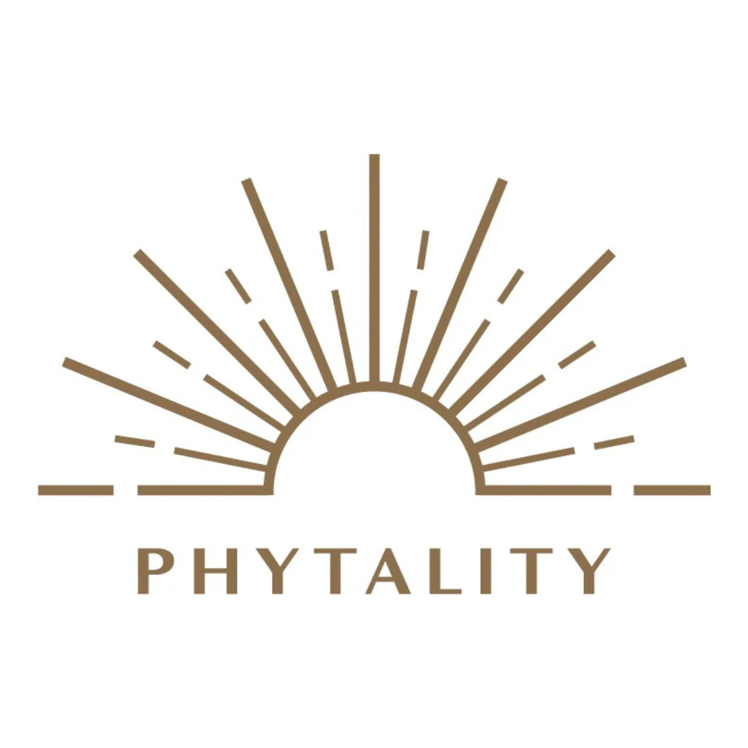 Minimalist brown logo with a semicircle sun and radiating lines above the word PHYTALITY in capital letters. The design suggests energy, growth, or a sunrise.