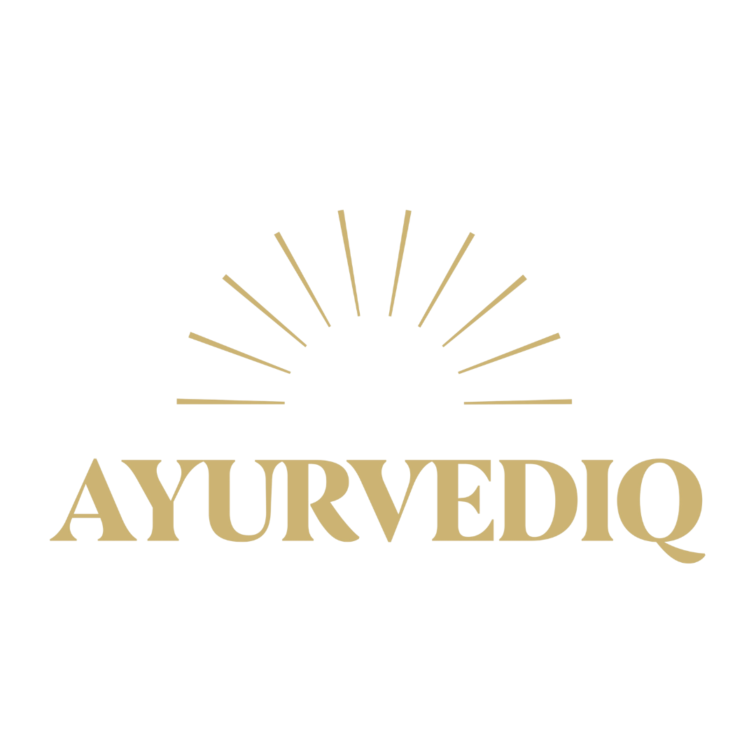 The word AYURVEDIQ in bold gold letters with a stylized golden sunburst above it, all set against a white background.