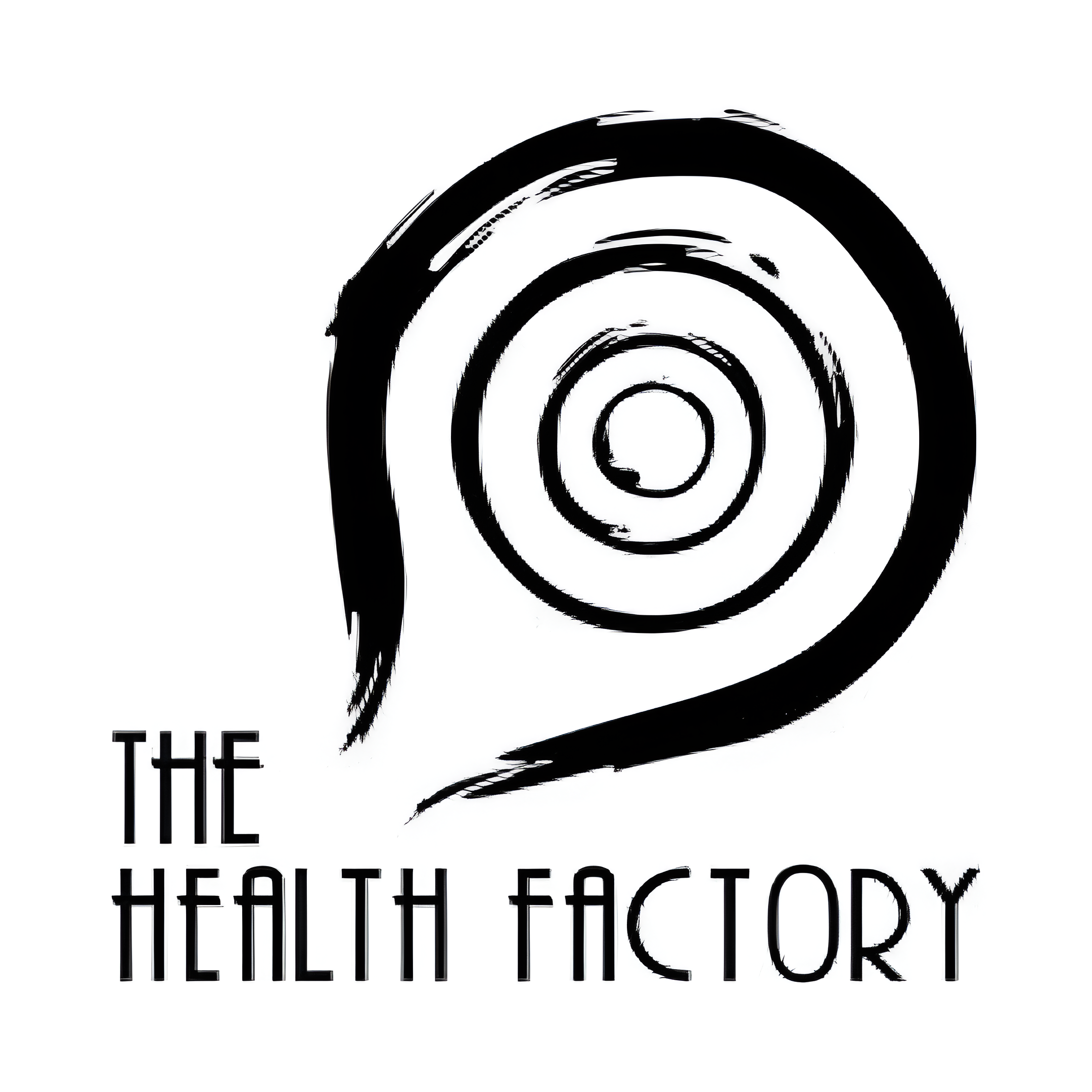 Black spiral brushstroke design above text that reads The Health Factory in all capitals with a modern, clean font, all on a white background.