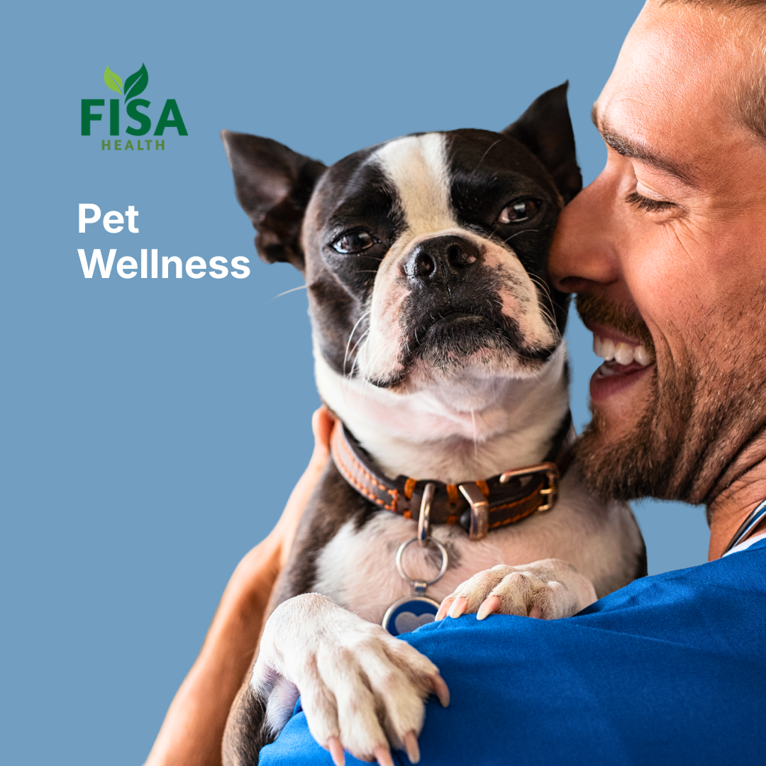 A smiling man in blue scrubs hugs a Boston Terrier dog. The text reads FISA Health Pet Wellness on a blue background.