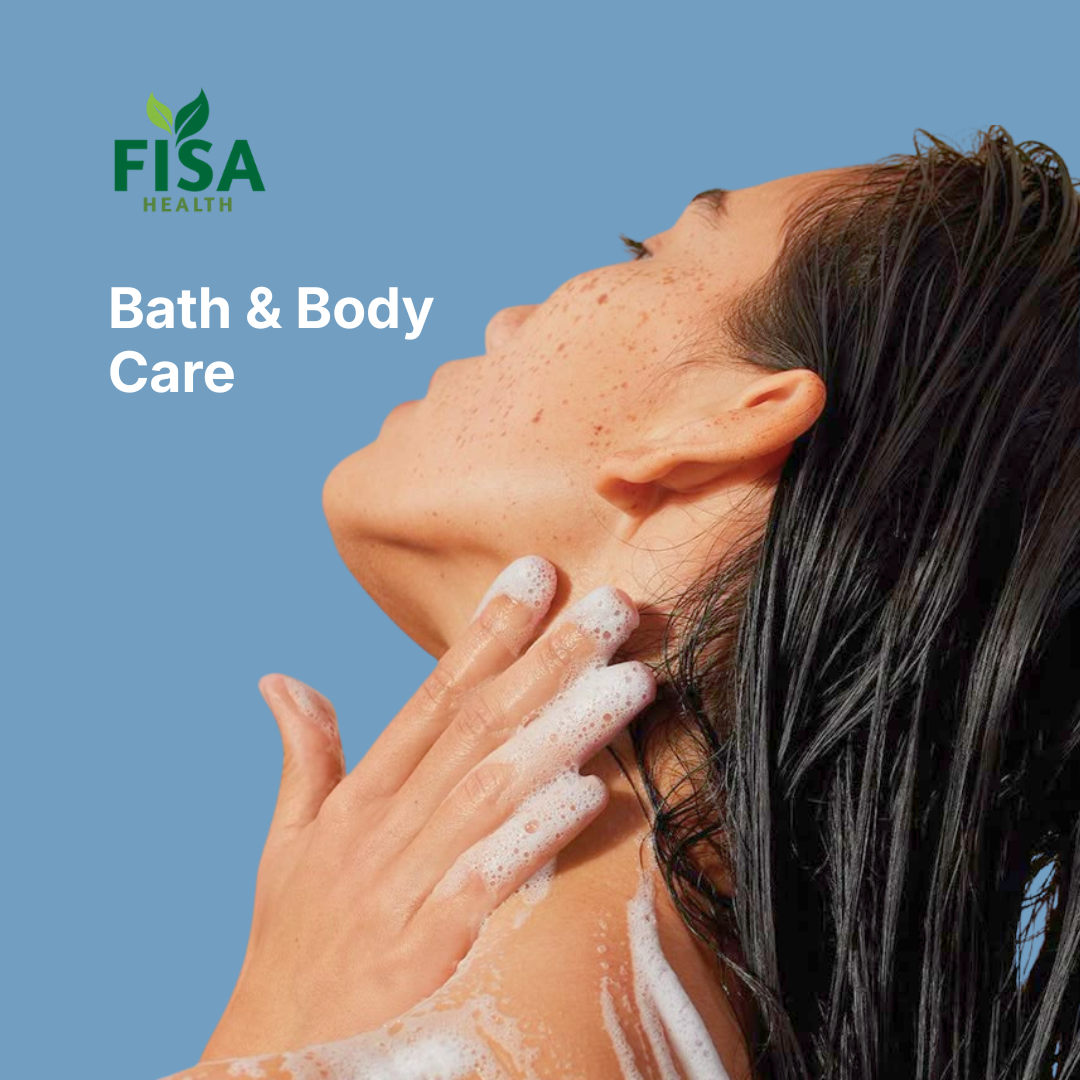 A person with wet hair lathers soap on their neck and shoulder. The background is blue, with the text FISA Health and Bath & Body Care in white.