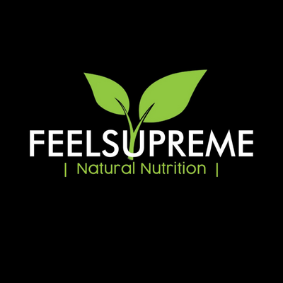 Logo with two green leaves above the words FEEL SUPREME in white and Natural Nutrition in green, all on a black background. Vertical green lines frame Natural Nutrition.