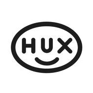 Black text HUX inside a black oval. The U has a curved line below it, resembling a smiling face, while the X looks like a winking eye. The design creates a cheerful, playful expression.