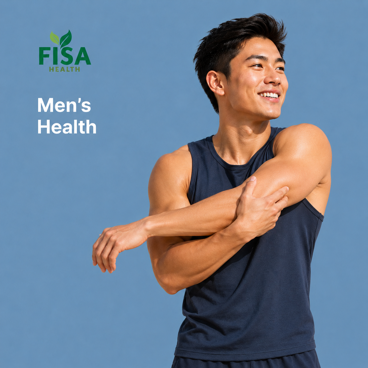 Smiling man in a navy tank top stands with hands on hips against a blue background. The text reads FISA Health Mens Health..