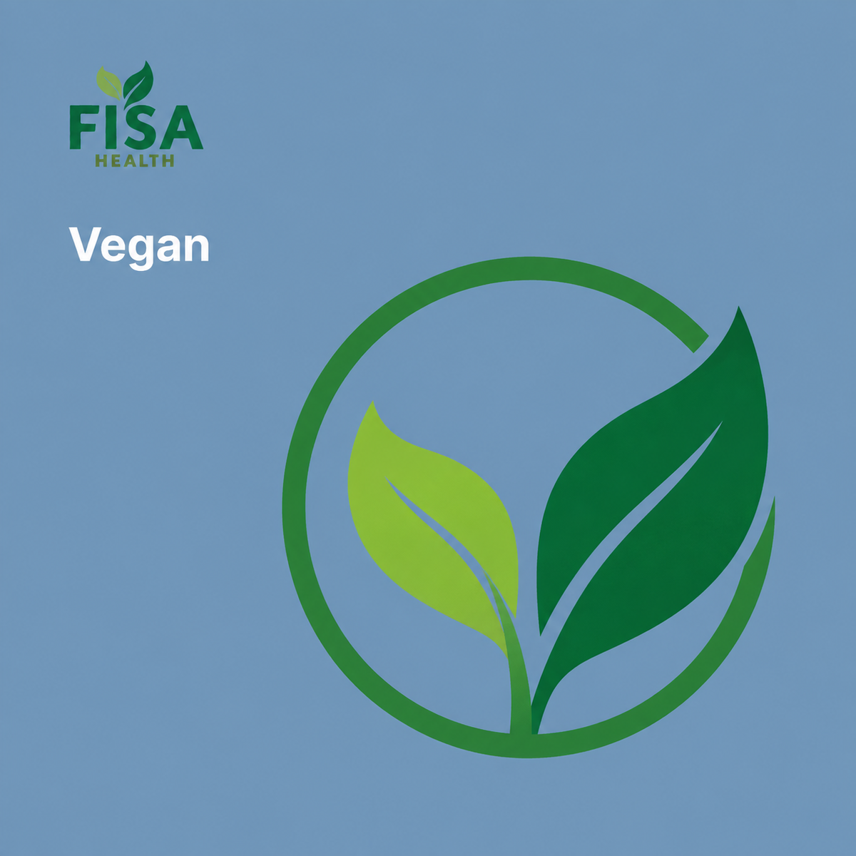 A blue background with FISA Health logo at the top left, the word Vegan, and a circular green emblem with two leaves, one light and one dark green.
