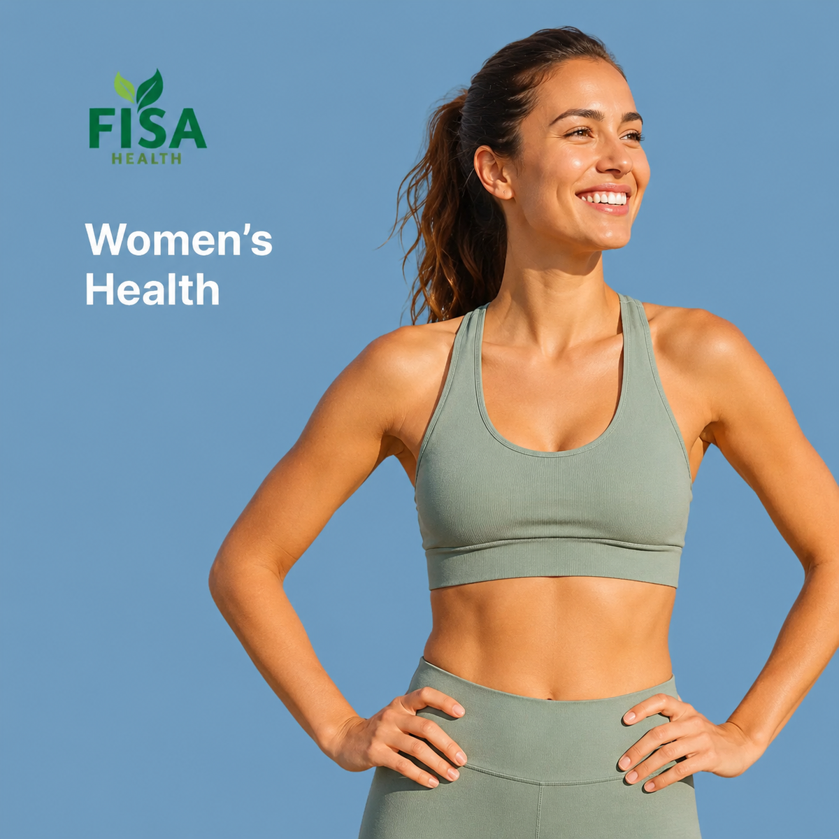 Smiling woman in green sportswear stands with hands on hips against a blue background. FISA Health logo and Womens Health text are on the left side of the image.