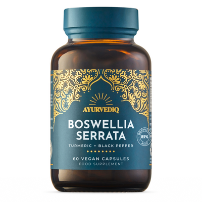 A brown bottle labeled Ayurvediq Boswellia Serrata and Turmeric, 60 capsules, is displayed upright on a plain white background, available at Fisa Health.