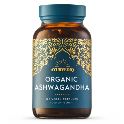 A brown Ayurvediq bottle with gold designs and a blue cap holds 120 vegan capsules of Organic Ashwagandha With Black Pepper Extract, available at Fisa Health.