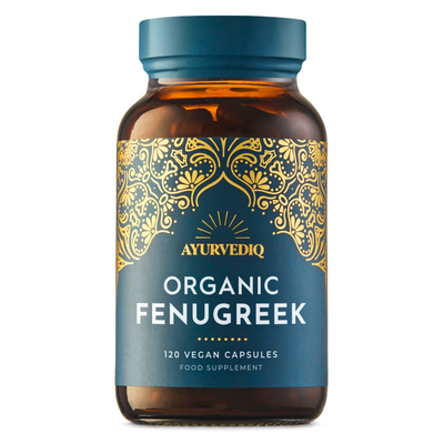Ayurvediq Organic Fenugreek Capsules, 120 vegan capsules in a brown glass bottle with a teal-blue label and gold accents, available at Fisa Health.