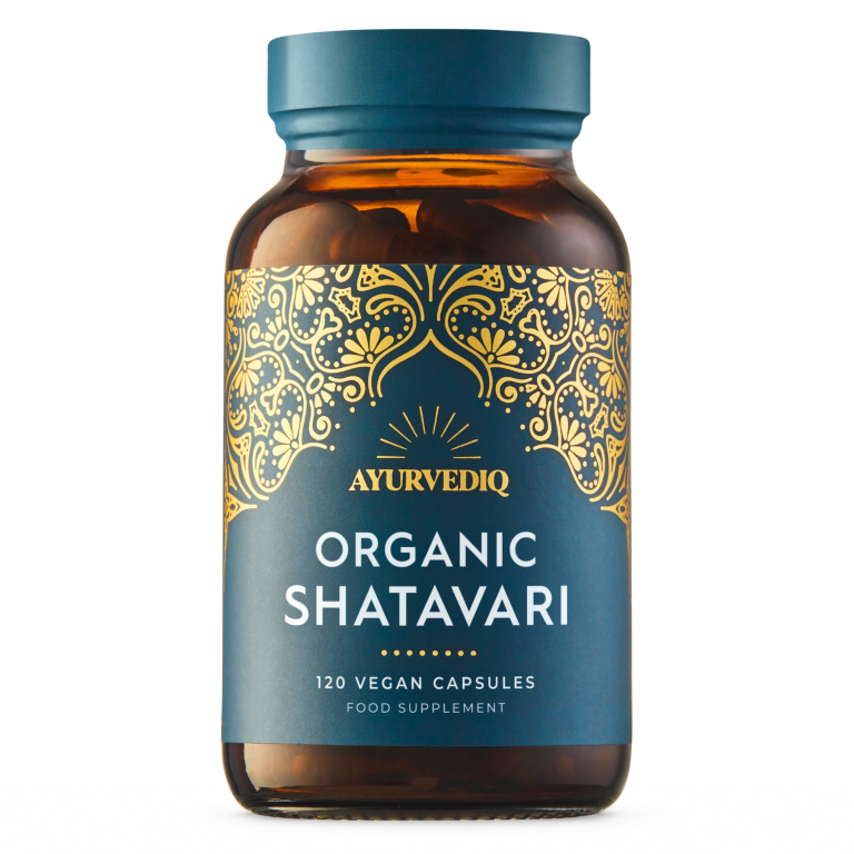Ayurvediq Organic Shatavari, 120 vegan capsules in a brown bottle with gold patterns and blue cap, available at Fisa Health.