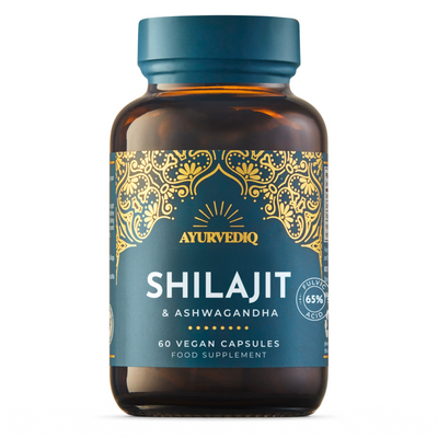 A brown bottle of Ayurvediq Shilajit and Ashwagandha, containing 60 vegan capsules with a gold and teal label design, available at Fisa Health.