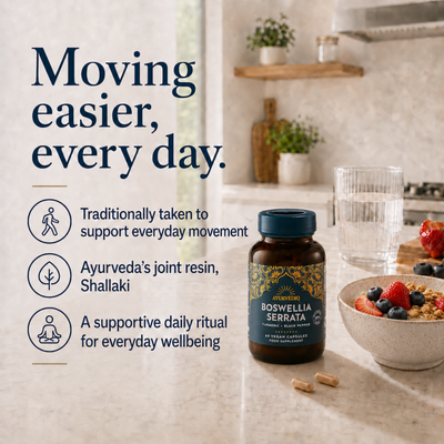 A bottle of Ayurvediq Boswellia Serrata and Turmeric - 60 Capsules is on a kitchen counter next to a glass of water, a bowl of granola with berries, and two capsules, available at Fisa Health.