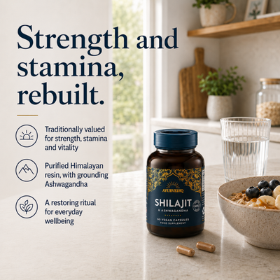 Ayurvediq Shilajit and Ashwagandha - 60 Capsules on a kitchen counter next to a glass of water and a bowl of oatmeal, available at Fisa Health.