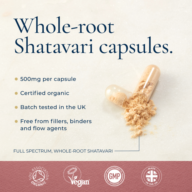 Two Organic Shatavari 120 Vegan Capsules by Ayurvediq, one open with powder visible; labeled as organic, vegan, GMP-certified, and UK-made, available at Fisa Health.