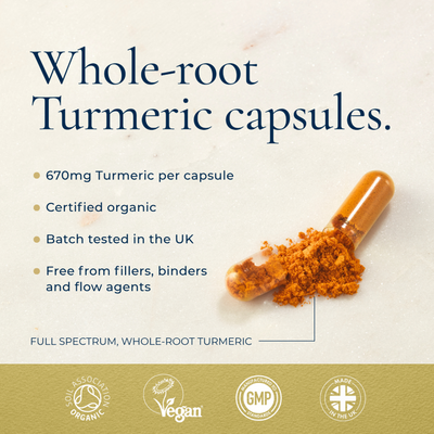 Ayurvediq Organic Turmeric Ginger & Black Pepper Extract bottle showing 120 vegan capsules, 670mg turmeric per serving, UK tested, no fillers or binders, available at Fisa Health.