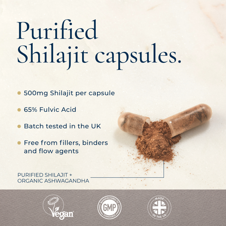 An open capsule spills brown powder, displaying Ayurvediq Shilajit & Ashwagandha 500mg, 65% fulvic acid, vegan, batch tested and GMP certified. UK-made and filler-free, available at Fisa Health.