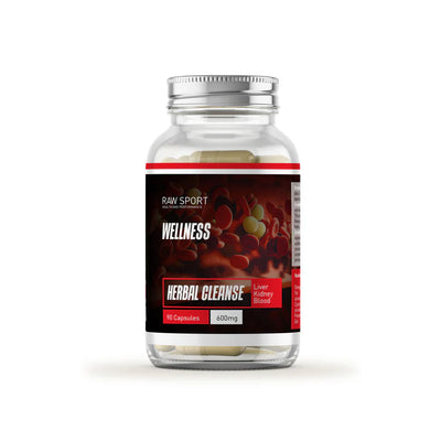 A clear bottle labeled Raw Sport Herbal Cleanse Daily Botanical Formula contains 90 capsules (600mg each), available at Fisa Health.