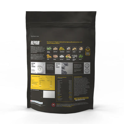 Back view of a black Raw Sport Elite Repair Plant Protein bag showing nutritional information, ingredient icons, preparation instructions, and yellow usage directions, available at Fisa Health.