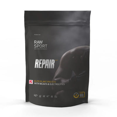 A black pouch of Raw Sport Elite Repair Plant Protein with a faint muscular figure and white and gold product details on the front, available at Fisa Health.