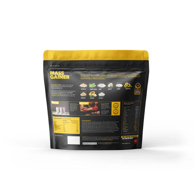 The back of a black and yellow Raw Sport Mass Gainer 2.5Kg pouch shows plant-based nutrition details, preparation instructions, and ingredient images. Available at Fisa Health.