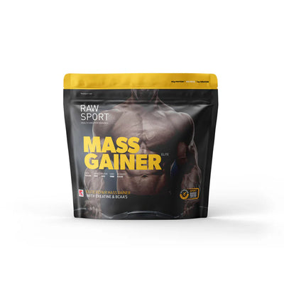 A black and yellow pouch labeled Raw Sport Mass Gainer 2.5Kg featuring a graphic of a torso and bold yellow text on the front, available at Fisa Health.