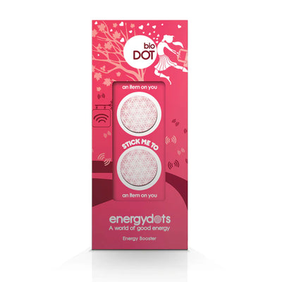 BioDOT shown in pink packaging with two round stickers, one featuring a floral design and the other a WiFi symbol, an accessory for daily wear, available at Fisa Health.