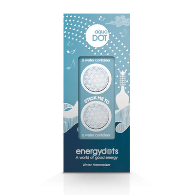 Blue and white packaging for Fisa Health aquaDOT everyday hydration stickers, labeled "STICK ME TO" your water bottle, with two round harmoniser stickers visible. Available at Fisa Health.
