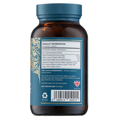 A brown glass bottle with a blue label displays Organic Turmeric Ginger & Black Pepper 120 Vegan Capsules, showing ingredients, a barcode, and a UK flag icon, available at Fisa Health.