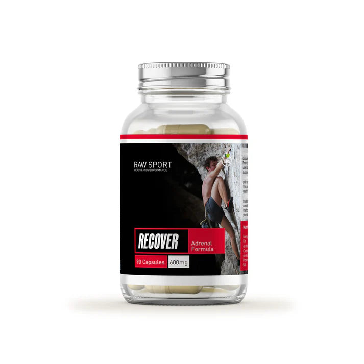 A clear bottle labeled Raw Sport Recover Adrenal Support Formula, containing 90 vegan capsules, features a rock climber on the packaging, available at Fisa Health.