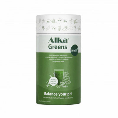 A cylindrical container of Alka® Greens Multi displays pH balance, vitamins, minerals, and plant extracts on the label along with an image of a green drink, available at Fisa Health.