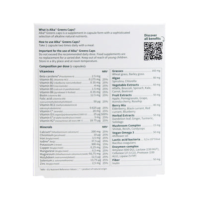 Back of an Alka® Greens Multi - Capsules box displaying product details, usage instructions, and nutrition facts, available at Fisa Health.