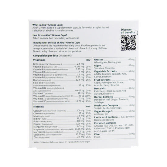 Back of an Alka® Greens Multi - Capsules box displaying product details, usage instructions, and nutrition facts, available at Fisa Health.