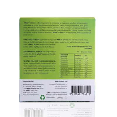 Back of a green and white Alka® Greens Daily Superfood Powder Sticks box, displaying detailed ingredients, usage instructions, nutrition facts, and barcode, available at Fisa Health.