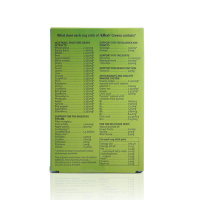 Alka® Greens Daily Superfood Powder Sticks in a green box displaying ingredients list such as greens powder, veggie extracts, antioxidants, probiotics, and nutrition facts in small black text, available at Fisa Health.