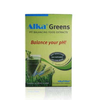A box of Alka® Greens Daily Superfood Powder Sticks, featuring product information along with images of powder sachets and a glass of green drink on the front, available at Fisa Health.