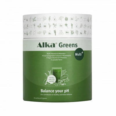 A green and white container of Alka® Greens Multi powder with a leaf graphic, vitamin icons, and text noting pH balance and multivitamin features, available at Fisa Health.