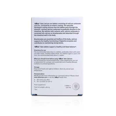 Back of Alka® Tabs by Fisa Health box with black text on white showing sodium bicarbonate tablets, usage instructions, ingredient details, storage information, and manufacturer contact; available at Fisa Health.
